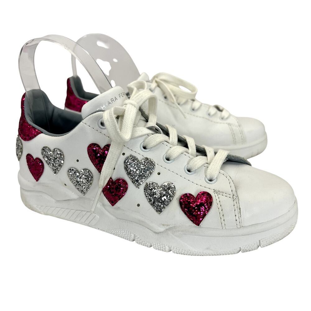 Chiara Ferragni Glitter Heart White Leather Sneakers Pink Silver Lace Up EU 38